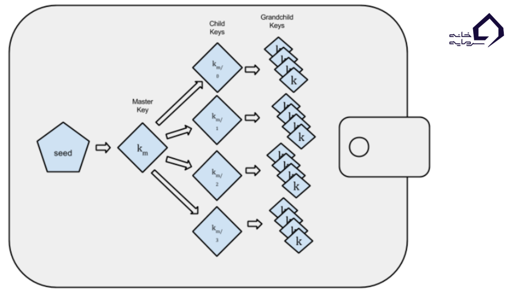 کیف‌پول سلسله‌مراتبی قطعی نوع ۲: درختی از کلیدها که از یک سید (بذر) تولید شده‌اند